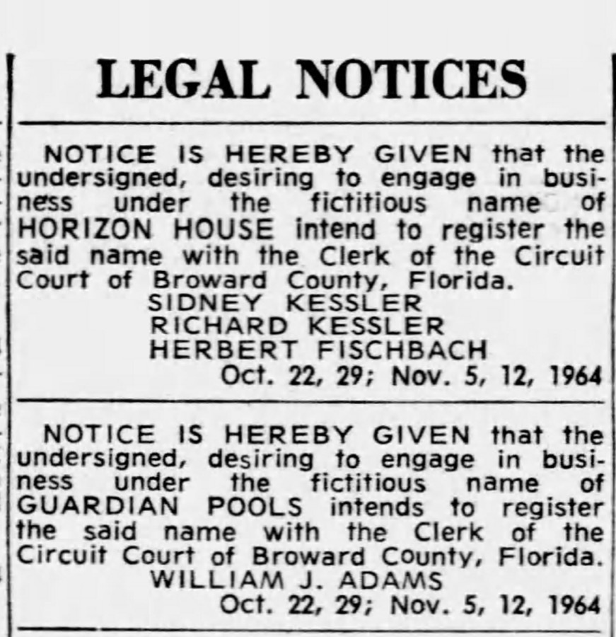 1964 Broward County legal notice registering the fictitious business name Guardian Pools